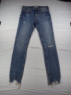 ZARA The Skinny Jeans Women's 6 Medium Wash Distressed Frayed Stepped Hem Blue